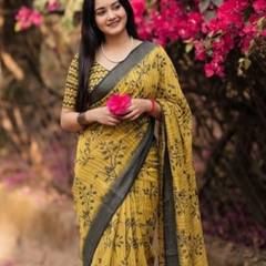 Mustard Botanical Branch Chanderi Saree