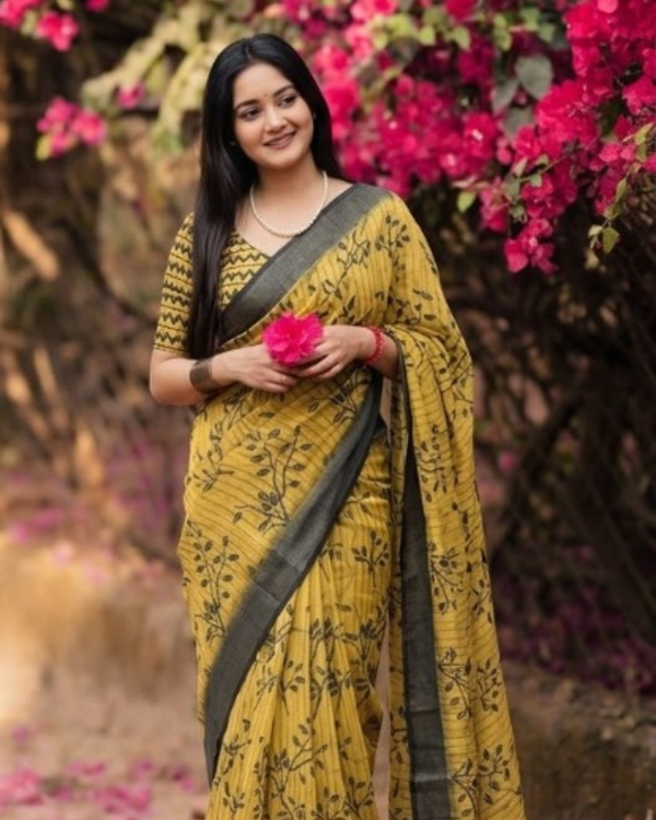 Mustard Botanical Branch Chanderi Saree
