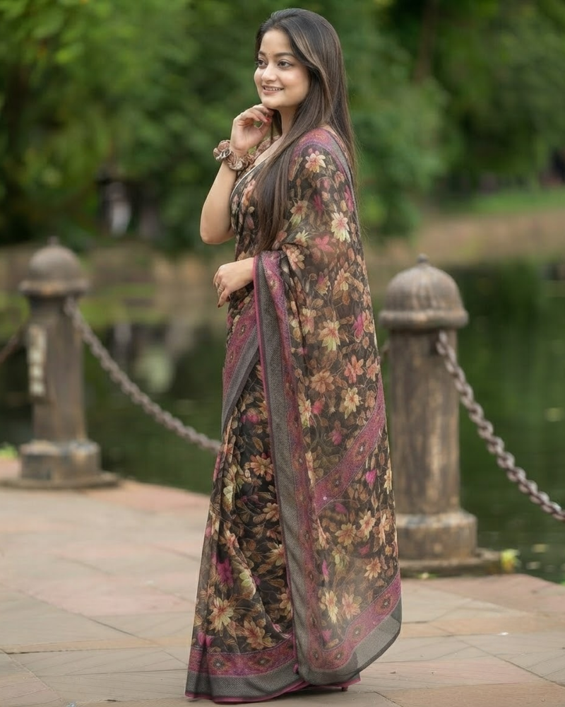 Espresso Autumn Blossom Chanderi Saree