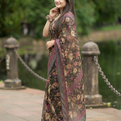 Espresso Autumn Blossom Chanderi Saree