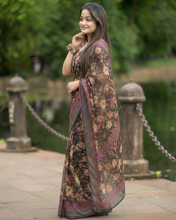 Espresso Autumn Blossom Chanderi Saree