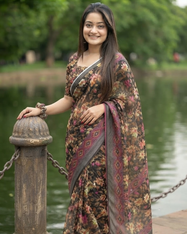 Espresso Autumn Blossom Chanderi Saree