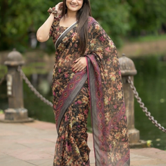 Espresso Autumn Blossom Chanderi Saree