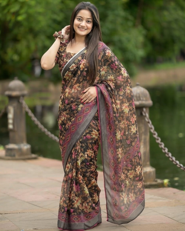 Espresso Autumn Blossom Chanderi Saree