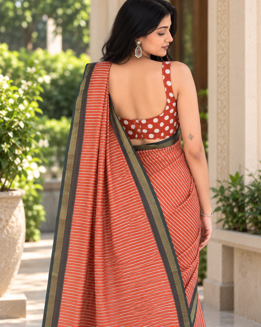 Rust Terracotta Linear Stripe Chanderi Saree