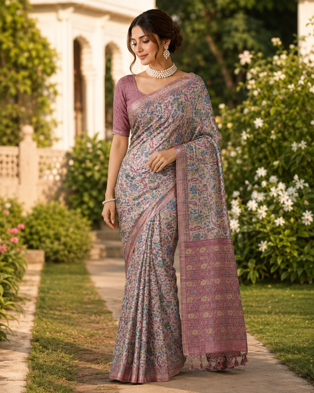 Lavender Mauve Floral Kalamkari Jaal Premium Silk Saree