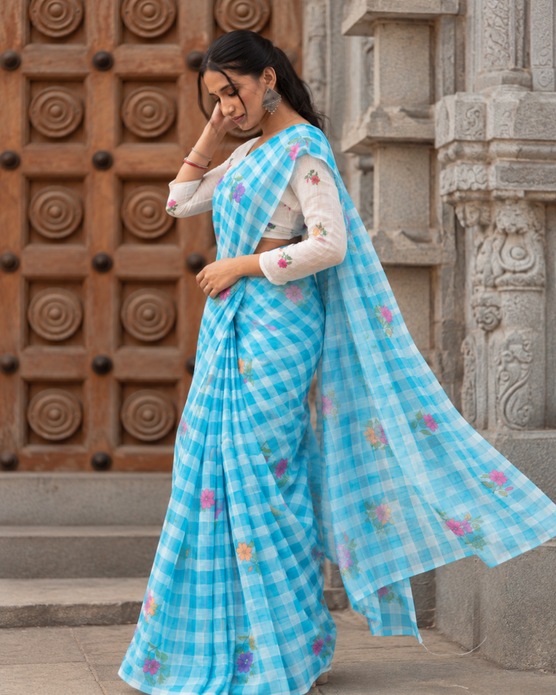 Aqua Blue Gingham Check Floral Linen Saree