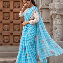 Aqua Blue Gingham Check Floral Linen Saree