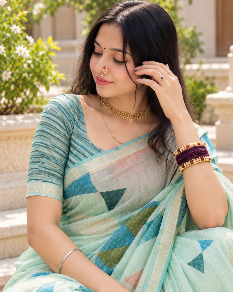 Mint Green Pastel Geometric Prism Premium Silk Saree