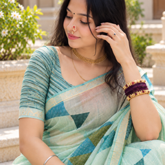 Mint Green Pastel Geometric Prism Premium Silk Saree