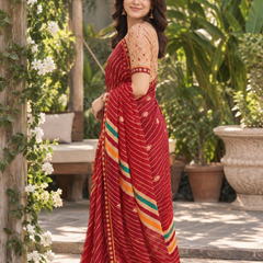 Crimson Red Zari Pinstripe Bandhani Saree