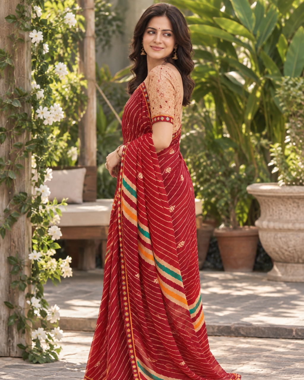 Crimson Red Zari Pinstripe Bandhani Saree