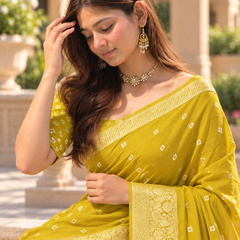 Bright Mustard Gold Bandhani Brocade Premium Silk Saree