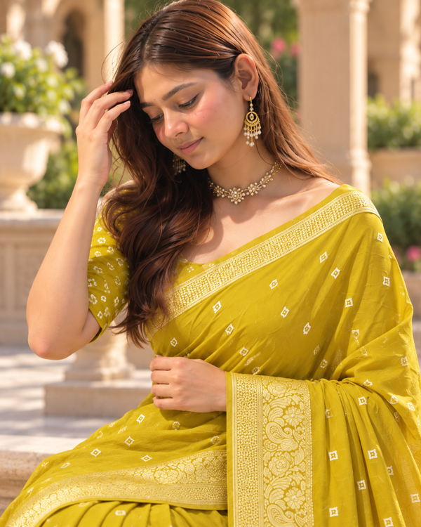Bright Mustard Gold Bandhani Brocade Premium Silk Saree