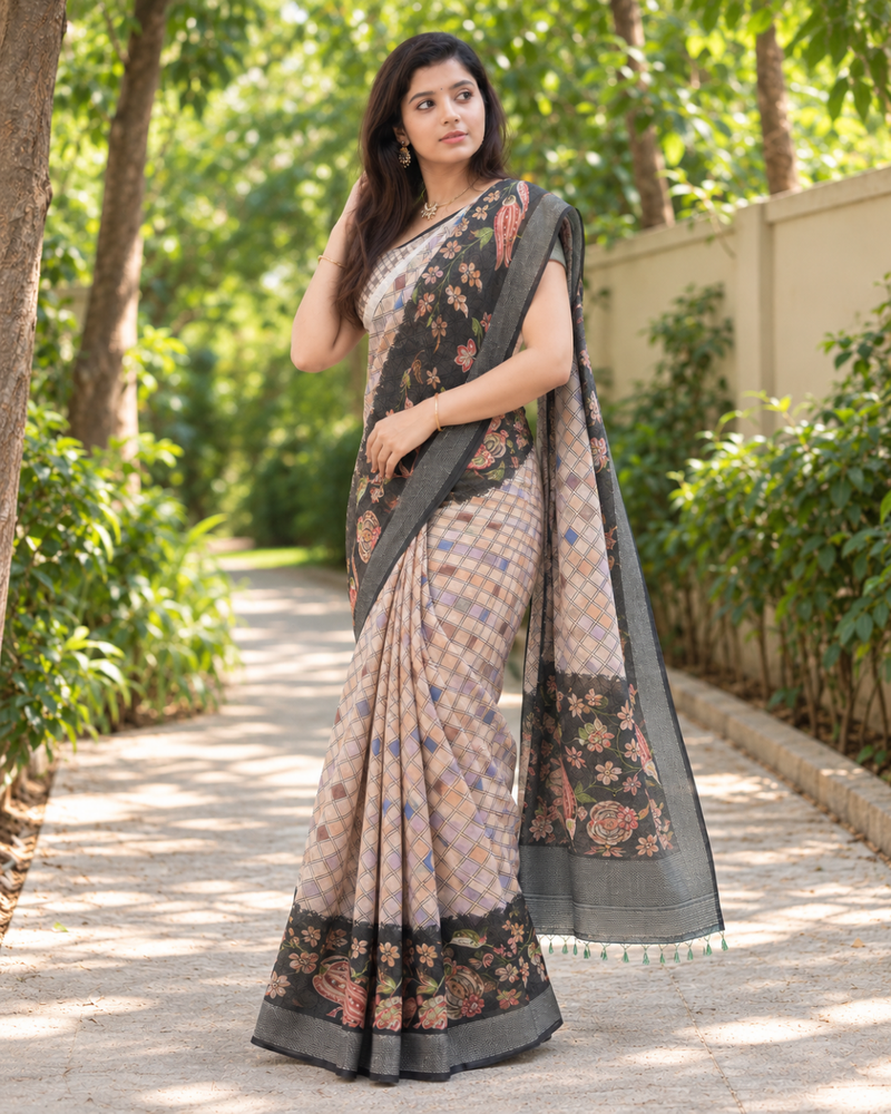 Beige Kalamkari Border Chanderi Saree