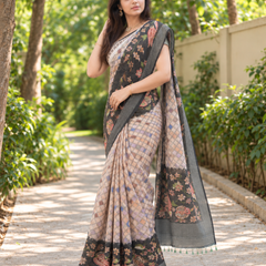 Beige Kalamkari Border Chanderi Saree