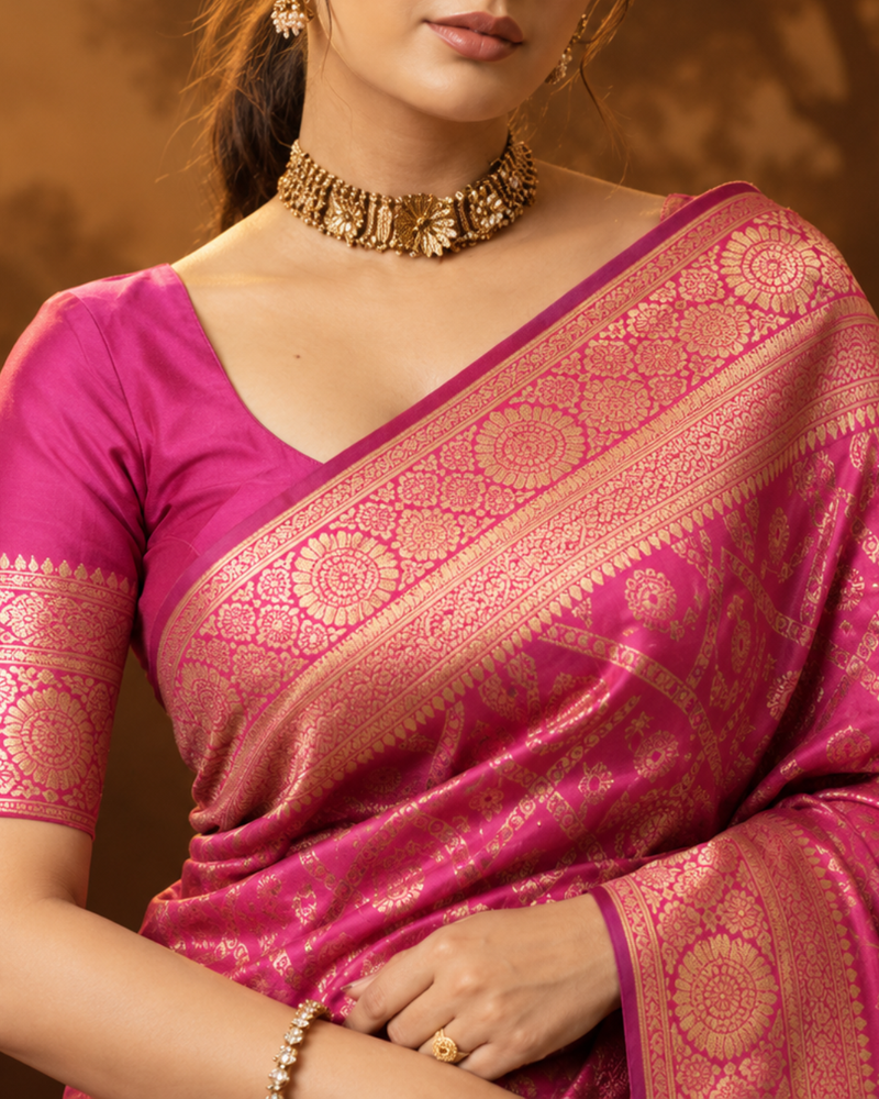 Magenta Pink Geometric Brocade Silk Saree