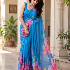 Sky Blue Floral Georgette Saree