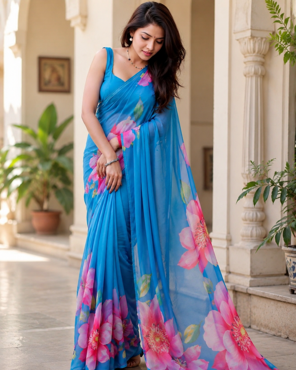Sky Blue Floral Georgette Saree