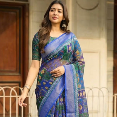 Cobalt Geometric Bandhej Tile Chanderi Saree