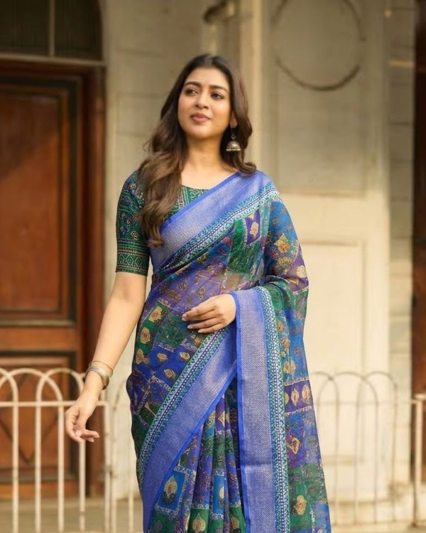Cobalt Geometric Bandhej Tile Chanderi Saree