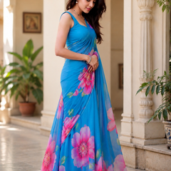 Sky Blue Floral Georgette Saree