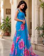 Sky Blue Floral Georgette Saree
