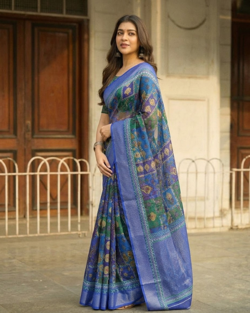 Cobalt Geometric Bandhej Tile Chanderi Saree
