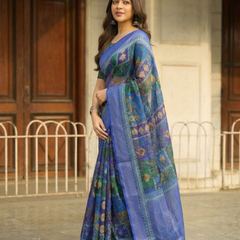 Cobalt Geometric Bandhej Tile Chanderi Saree
