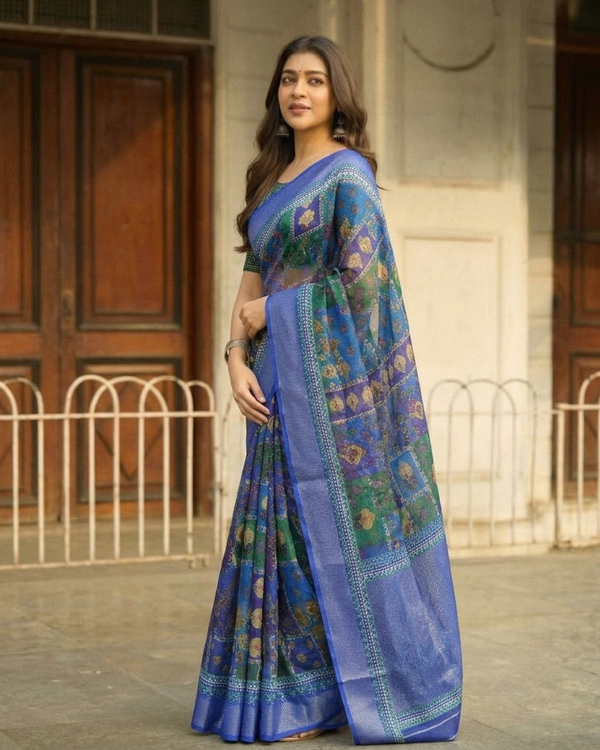 Cobalt Geometric Bandhej Tile Chanderi Saree