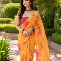 Sunset Orange Floral Georgette Saree