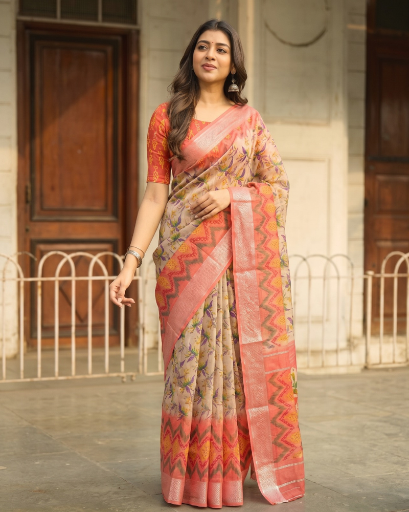 Coral Sunset Chevron Chanderi Saree