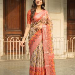 Coral Sunset Chevron Chanderi Saree