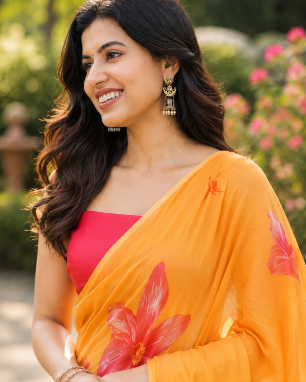 Sunset Orange Floral Georgette Saree