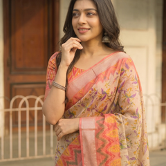 Coral Sunset Chevron Chanderi Saree