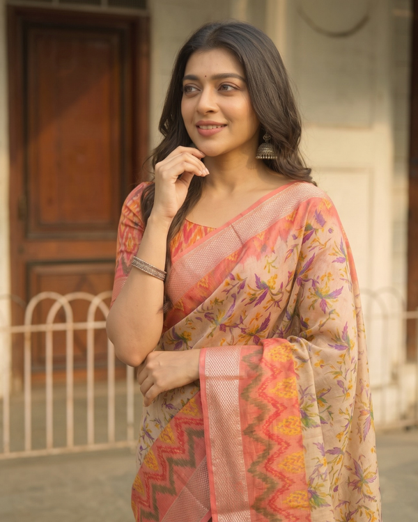 Coral Sunset Chevron Chanderi Saree