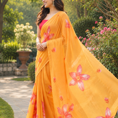 Sunset Orange Floral Georgette Saree