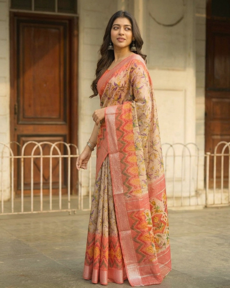 Coral Sunset Chevron Chanderi Saree