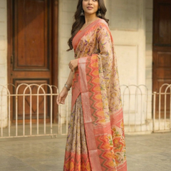 Coral Sunset Chevron Chanderi Saree