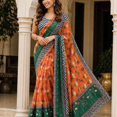 Orange & Emerald Floral Printed Georgette Saree