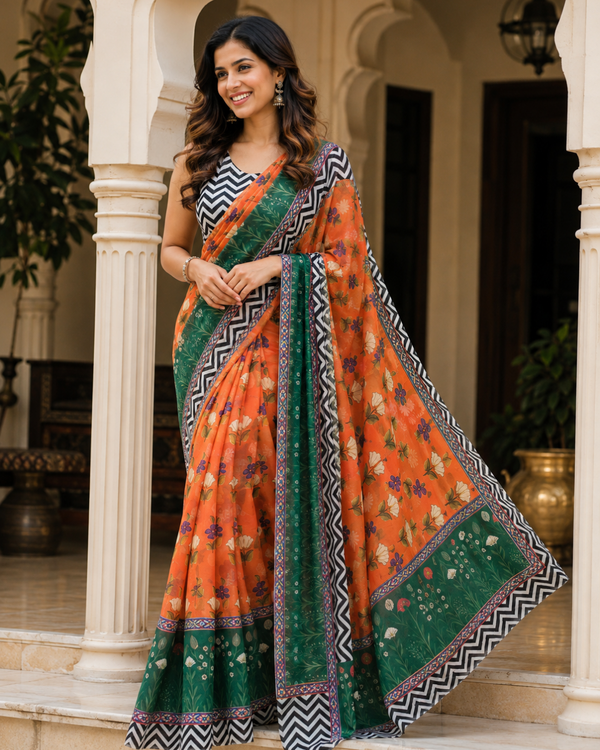 Orange & Emerald Floral Printed Georgette Saree