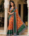 Orange & Emerald Floral Printed Georgette Saree