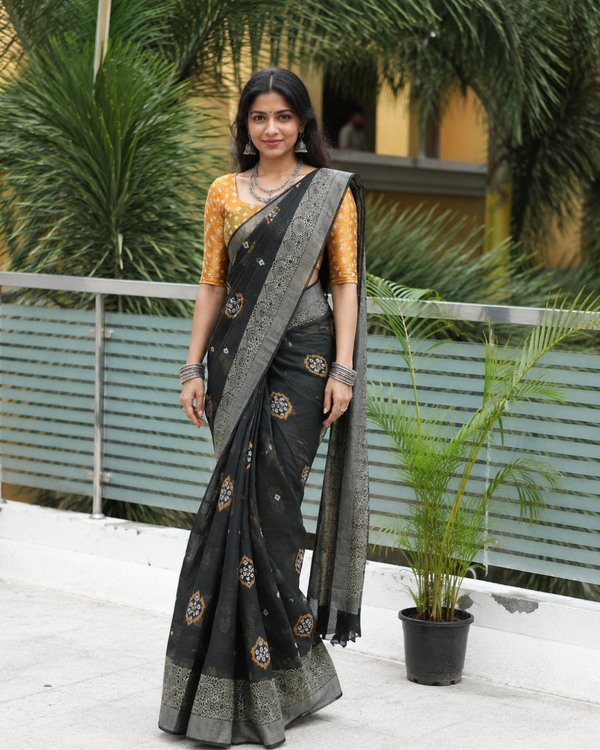 Midnight Black Bandhani Medallion Chanderi Saree