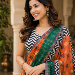 Orange & Emerald Floral Printed Georgette Saree