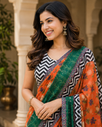 Orange & Emerald Floral Printed Georgette Saree