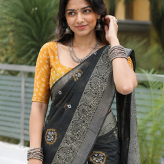 Midnight Black Bandhani Medallion Chanderi Saree