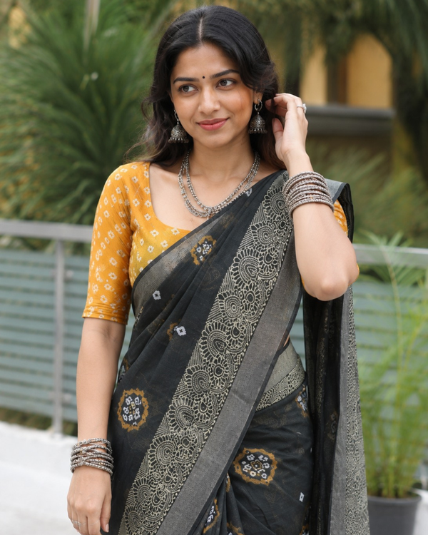 Midnight Black Bandhani Medallion Chanderi Saree