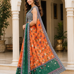 Orange & Emerald Floral Printed Georgette Saree