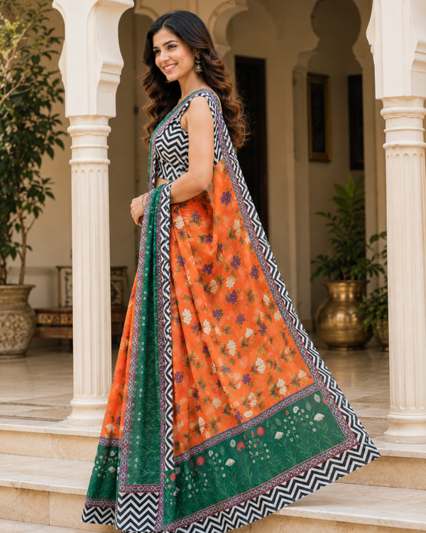 Orange & Emerald Floral Printed Georgette Saree