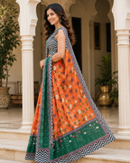 Orange & Emerald Floral Printed Georgette Saree